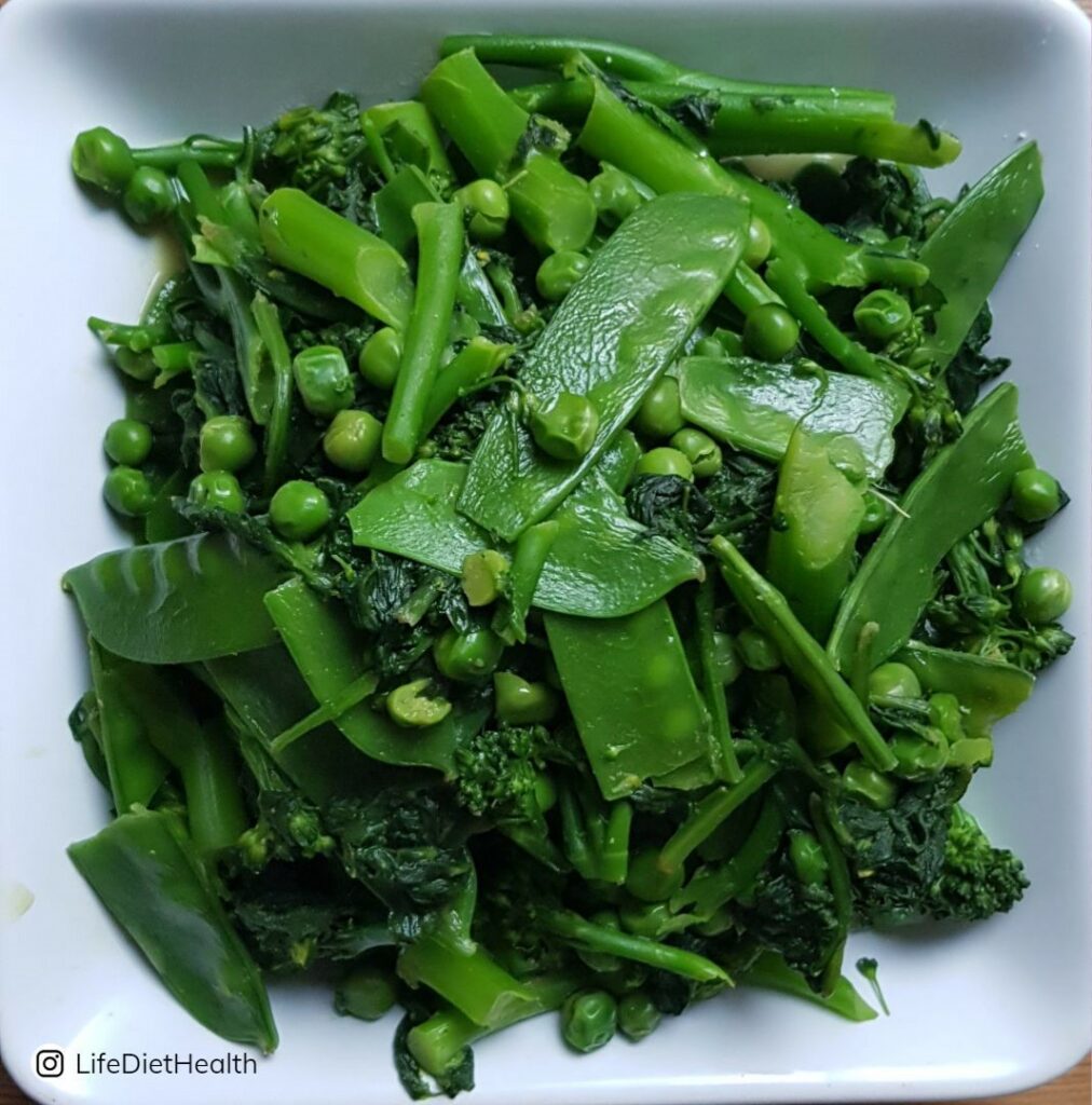 Dish of lightly cooked green vegetables